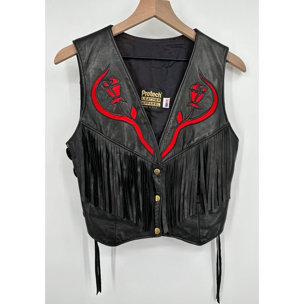 Protech Leather Apparel Biker Vest Women 10 Black Red Suede Appliqued Roses Frin